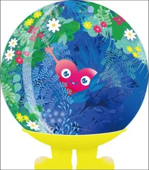 横浜花博公式マスコット「トゥンクトゥンク」のイラスト（青い惑星型のボディにピンクのハート型の顔）