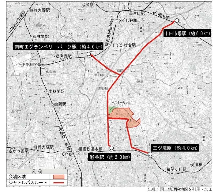 横浜花博 シャトルバス4駅ルート図（各駅から会場までの距離入り）