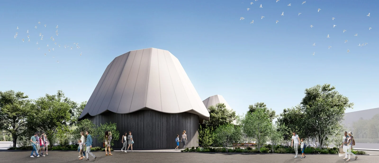 とうきゅうグループ館の建物外観パース 種をモチーフにした膜屋根のパビリオン